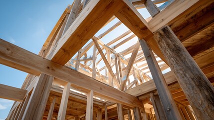Framing Lumber Construction Underway with Blue Sky Creates Interior Detail