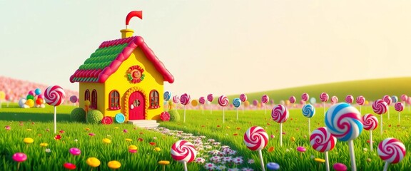 Rainbow candy house, lollipop-strewn field, Candy Land-style cartoon background, marmalade, field