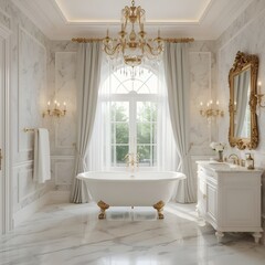 European Classic Modern Luxury Bathroom with Marble and Gold Accents