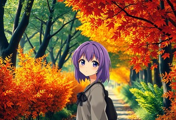 Purple-haired anime figure, autumn alley, vibrant foliage,  illustration,   lane