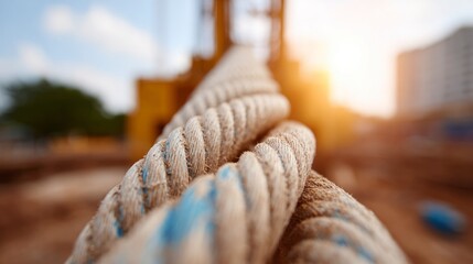 Thick rope used in heavy industry with construction equipment and sunset in background