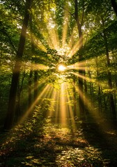 Obraz premium Sunbeams Streaming Through Lush Green Forest