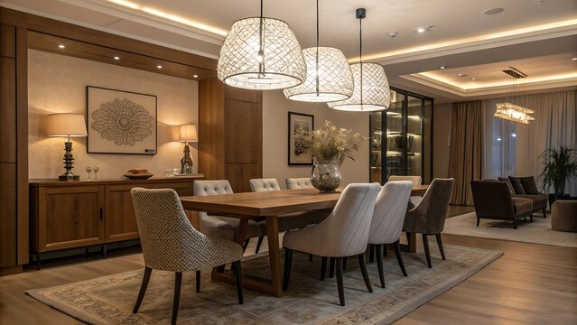 Elegant dining room with modern chandelier and comfortable seating