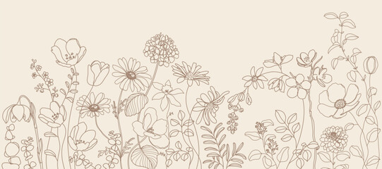 seamless minimal Hand drawn botanical flowers and leaf vector in Spring and summer collection © babeer