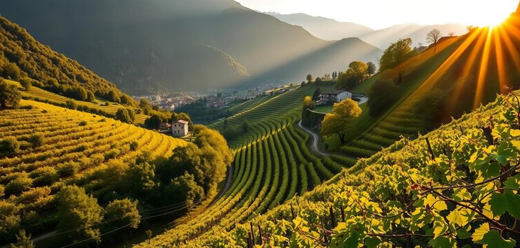 Sun-drenched vineyards cascading down Cembra Valley, Faver, Trento Italian Alps backdrop,  scenic,  Italy