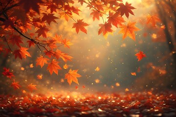 Golden autumn forest floor with falling maple leaves and sunbeams