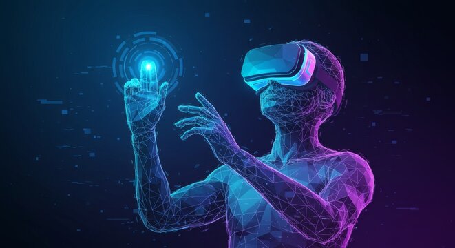 Metaverse Avatar VR headset with digital world interaction, and glowing blue HUD.