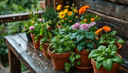 Obraz premium Rain-soaked potted herbs and flowers on a rustic wooden table, table, rainy day
