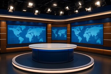 Modern news studio with world map displays and circular desk