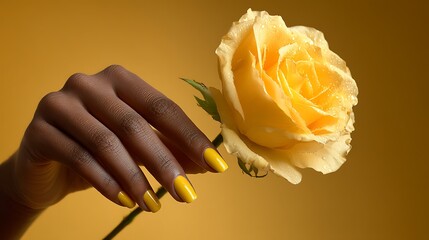 composition of a woman's slender fingers holding a lush yellow rose, her nails painted in the same sunny shade. The warm tones of the rose and her skin are accentuated by soft, diffused lighting, 