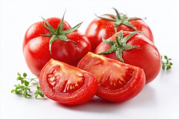 Fresh, ripe tomatoes, cut and whole, on white background