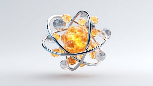 A glowing atomic model hovering in space on a white background -