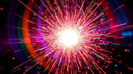 Colorful light streaks and particles explode from center, creating dynamic abstract background.