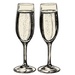 Two champagne flutes filled with bubbly drink, isolated on transparent background
