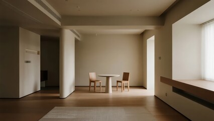 Modern living room with wooden floors and neutral walls, showcasing minimalist design and open space.