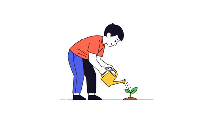 Young boy carefully watering a small plant growing from the soil