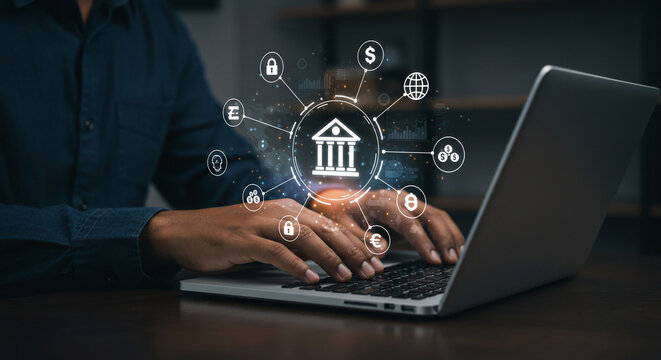 Man types on a laptop with a bank icon and digital security symbols floating above the keyboard, representing online banking and financial technology.