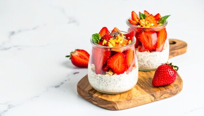 Obraz premium Glass jar of overnight oats topped with chia seeds and fresh strawberries on a marble 