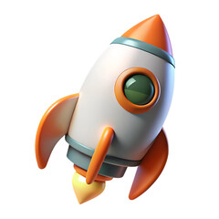 3D Rendered Cartoon Rocket Ship with Orange Fins and Window isolated on a transparent background