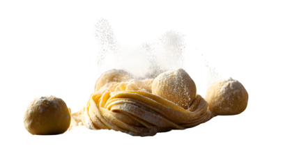 Fettuccine and Dough Balls with Flour, isolated on transparent background