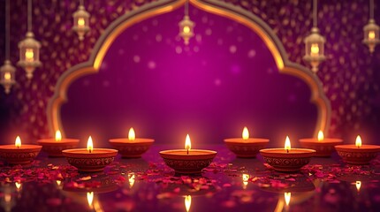 Stunning Diwali Night Scene with Illuminated Clay Lamps and Vibrant Background