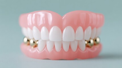 Obraz premium A full set of realistic dentures featuring white teeth and gold accents on a pale blue background