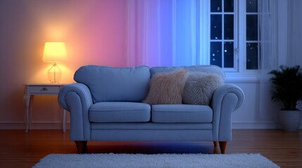 Comfortable blue sofa with decorative pillows near a lamp and a window at night