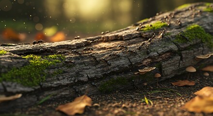 Fototapeta premium Rustic Log Covered in Moss and Lichen, with Bokeh Background