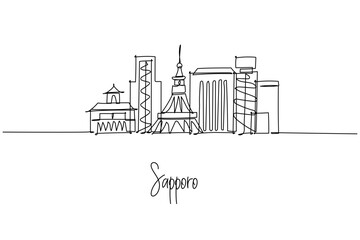 Naklejka premium Sapporo city skyline in a one line drawing highlights Sapporo TV Tower, Clock Tower and JR Tower, a city skyline concept themed around Hokkaido Japan travel, winter culture and modern architecture.