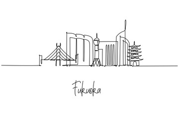 Fukuoka city skyline in a one line drawing presents Fukuoka Tower, PayPay Dome, bridge and pagoda, a city skyline concept themed around Kyushu Japan travel, waterfront culture and architecture.
