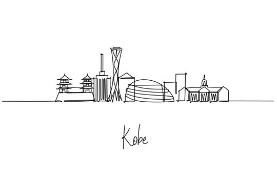 Kobe city skyline in a continuous line drawing features Kobe Port Tower, Meriken Park and Harborland, a city skyline concept themed around Japan travel, waterfront culture and modern architecture.