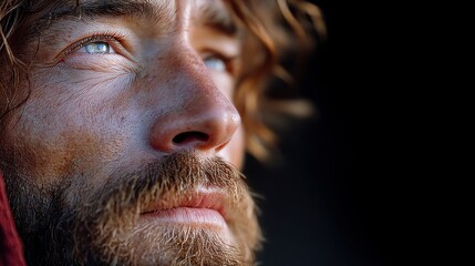 Obraz premium Close up profile of a man's weathered face with blue eyes and a beard against a dark background