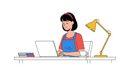 Fototapeta premium Young woman working diligently on a laptop at a desk with books and coffee