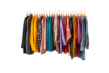Colorful sweaters and shirts hanging on wooden hangers against black background