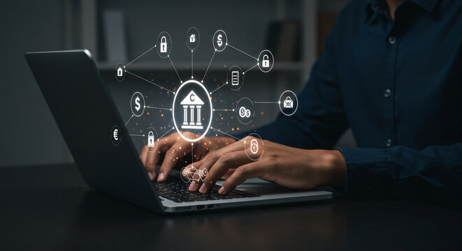 Person using a laptop with digital bank security icons overlaid, representing online banking and data protection.