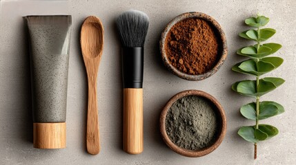 Flatlay of skincare products  tubes, bowls of powder, brush, spoon