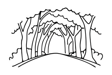 Path stretches under tall trees. line art flat vector illustration