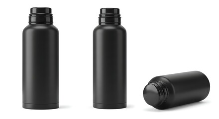 Set of black plastic cosmetic or supplement bottles with screw cap, isolated on white background. 3D rendering mockup for product packaging design.