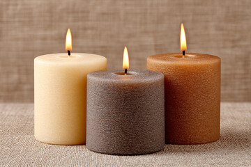 TRES VELAS CILÍNDRICAS SOBRE SUPERFICIE DE LINO TEXTURIZADO