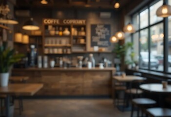 Blurred cozy coffee shop interior with wooden counter and warm lighting
