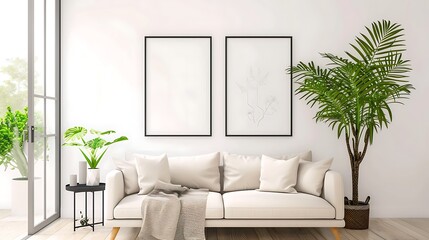 Serene contemporary living room featuring a white sofa, minimalist decor, indoor plants, and framed artwork, creating a calm and inviting atmosphere.