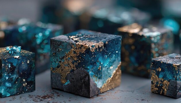 Close-up of teal & gold cubes - Powered by Adobe