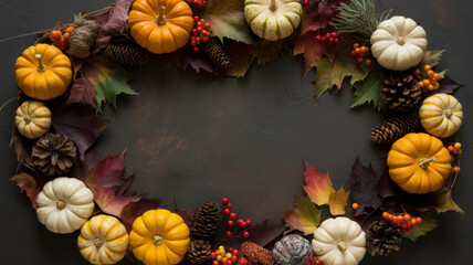 Rustic autumn wreath adorned with miniature pumpkins gourds and fall foliage on dark background
