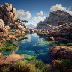 Obraz premium Sunny coastal cove with granite boulders and crystal-clear water