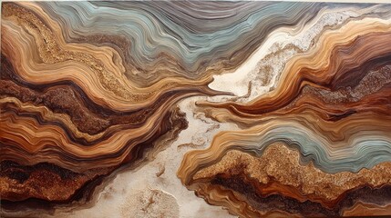 Abstract landscape painting with swirling, earthy tones and metallic accents
