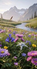 Obraz premium Picturesque Alpine Meadow with Wildflowers, Mountain Stream, and Misty Peaks