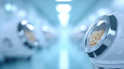 Close up of a scientific incubator containing small yellow pellets in a sterile blurred laboratory hallway