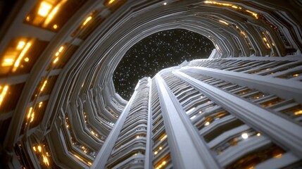Abstract view looking up at a futuristic building's spiral architecture against a starry sky
