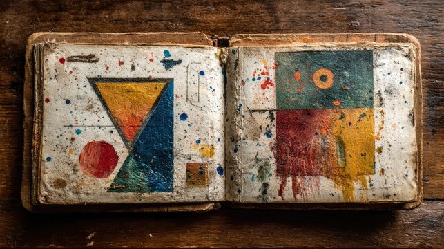 Open vintage sketchbook, paint splatter, geometric shapes