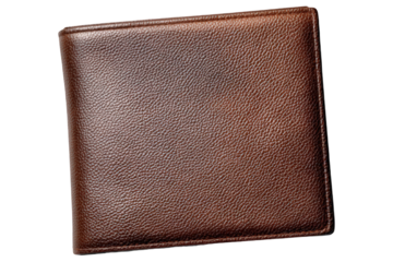 Classic closed bifold wallet in dark brown pebbled leather with stitched edges.